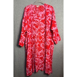 LOFT Floral Tropical Cover Up Kimono M/L 100% Modal Pink Red Beach Swim Duster
